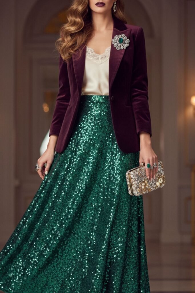 Green Sequin Skirt with Velvet Blazer