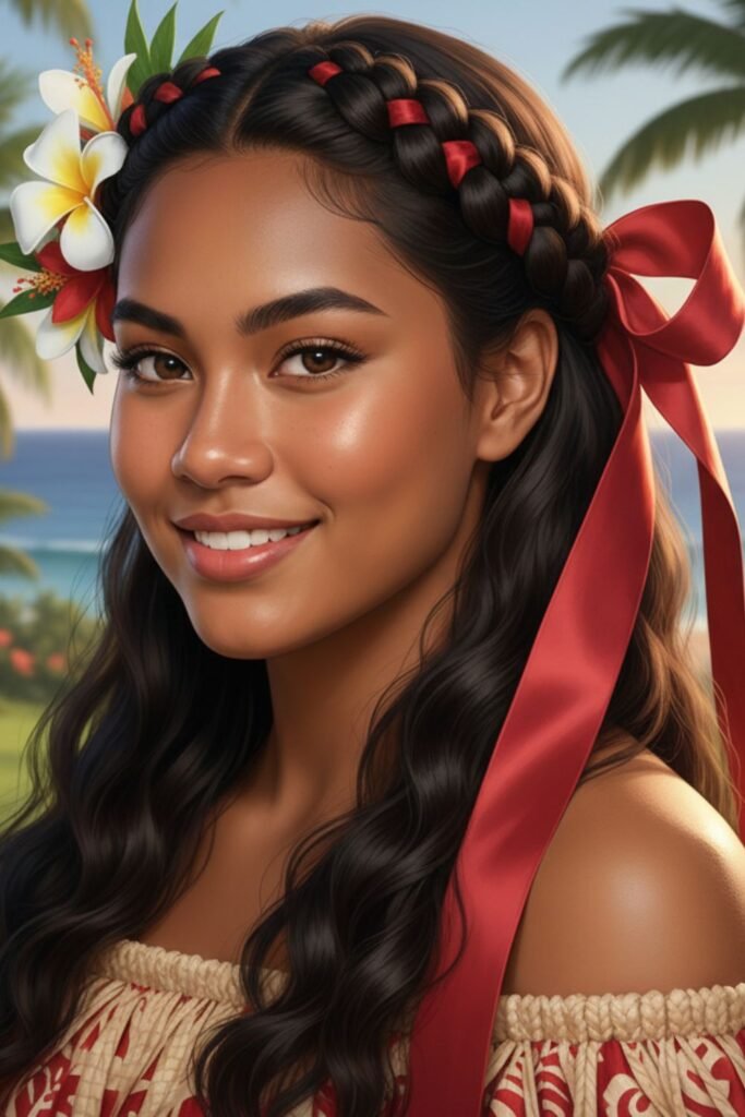 Half Up Braided Crown with Red Ribbon