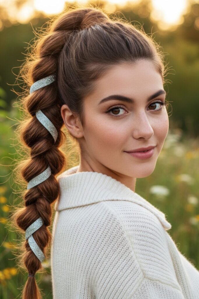 High Braided Ponytail with Glitter Ribbon