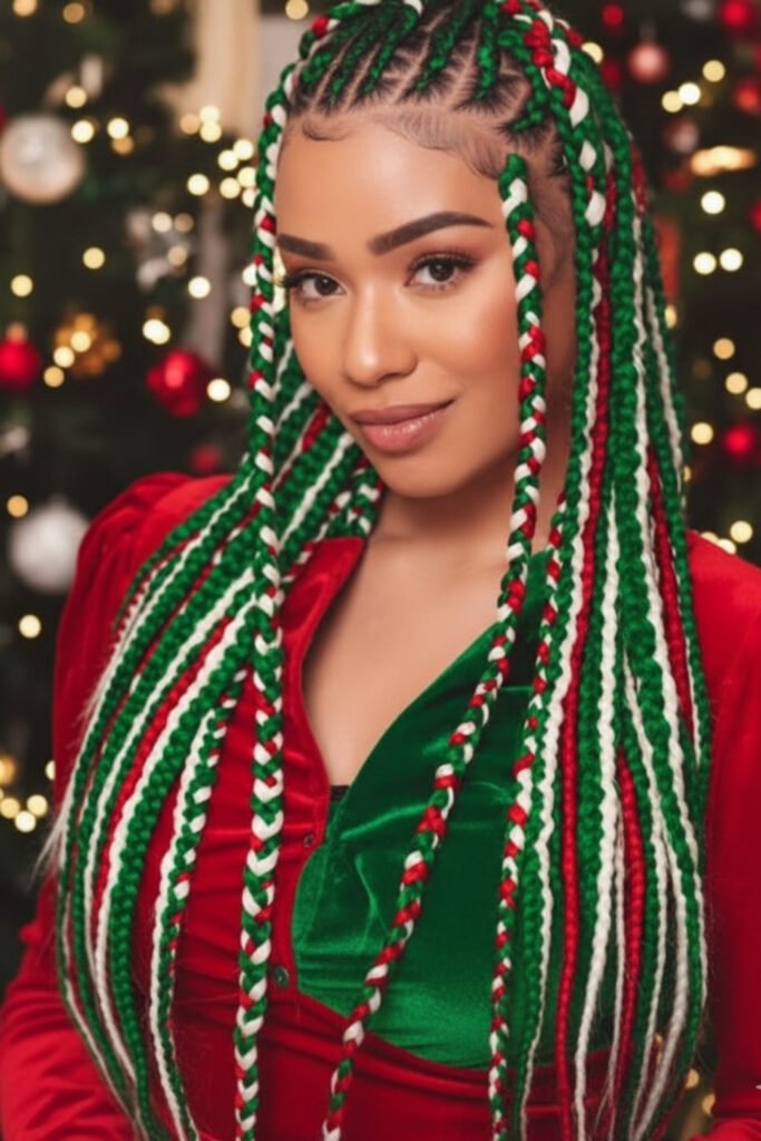 Holiday Feed In Braids With Green Ribbons
