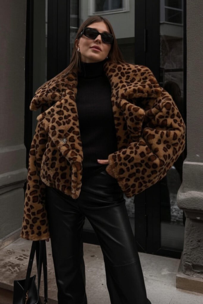 Woman in a leopard print faux fur coat over a black outfit