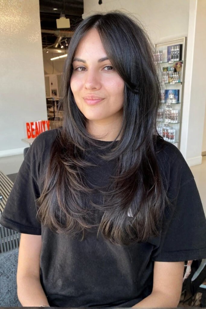 Long Face-Framing Layers with Curtain Bangs