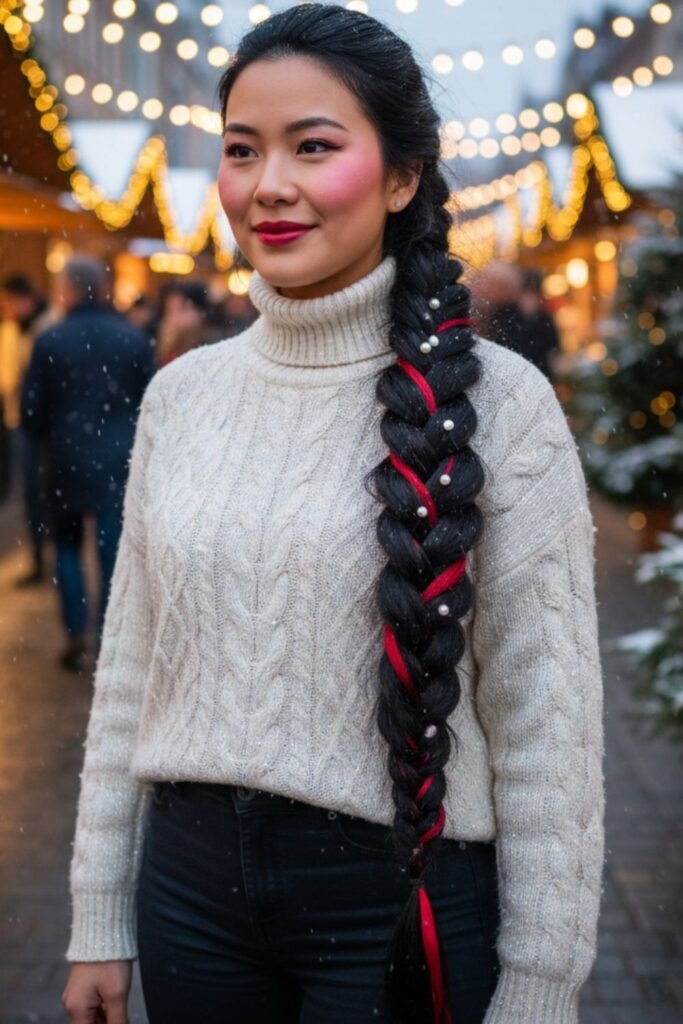 Long Fishtail Braid with Red Ribbon