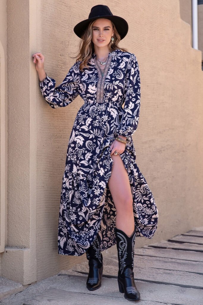 Paisley Print Maxi Dress with Cowboy Boots