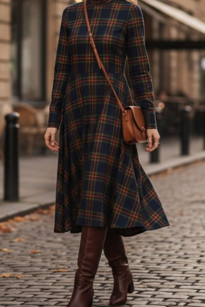 Plaid Midi Dress with Knee-High Boots