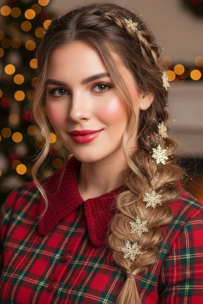 Side Fishtail Braid with Gold Snowflakes