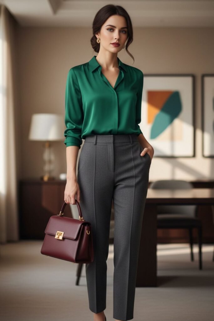 Silk Blouse and Tailored Trousers