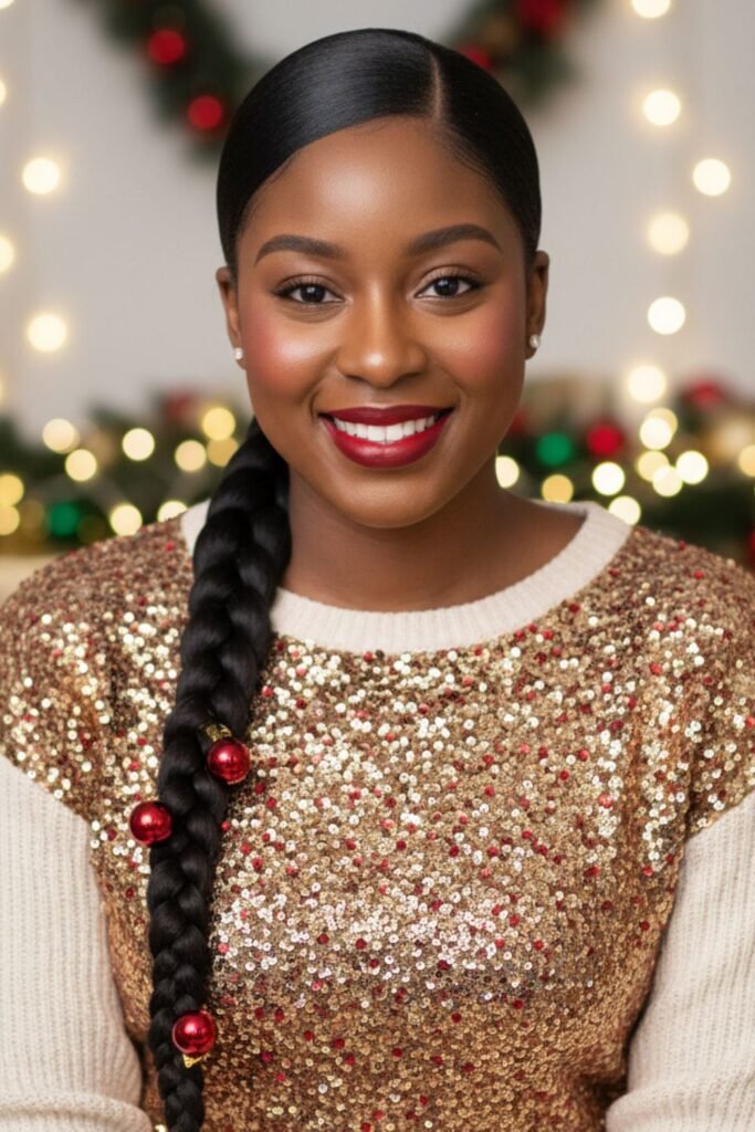 Sleek Braided Ponytail with Holiday Beads