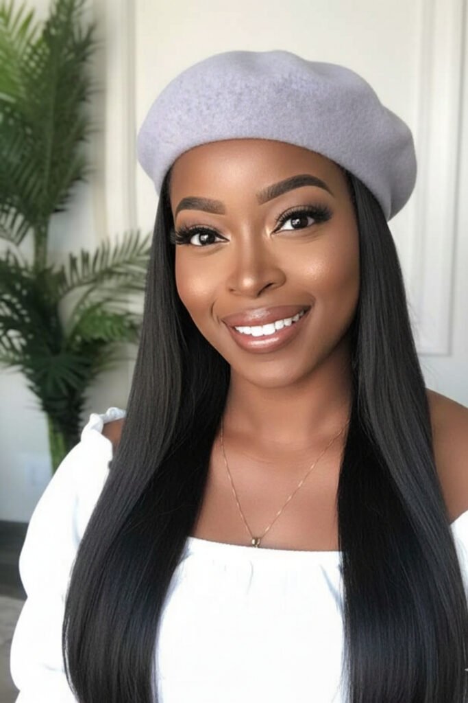 Sleek Straight Long Hair and Beret