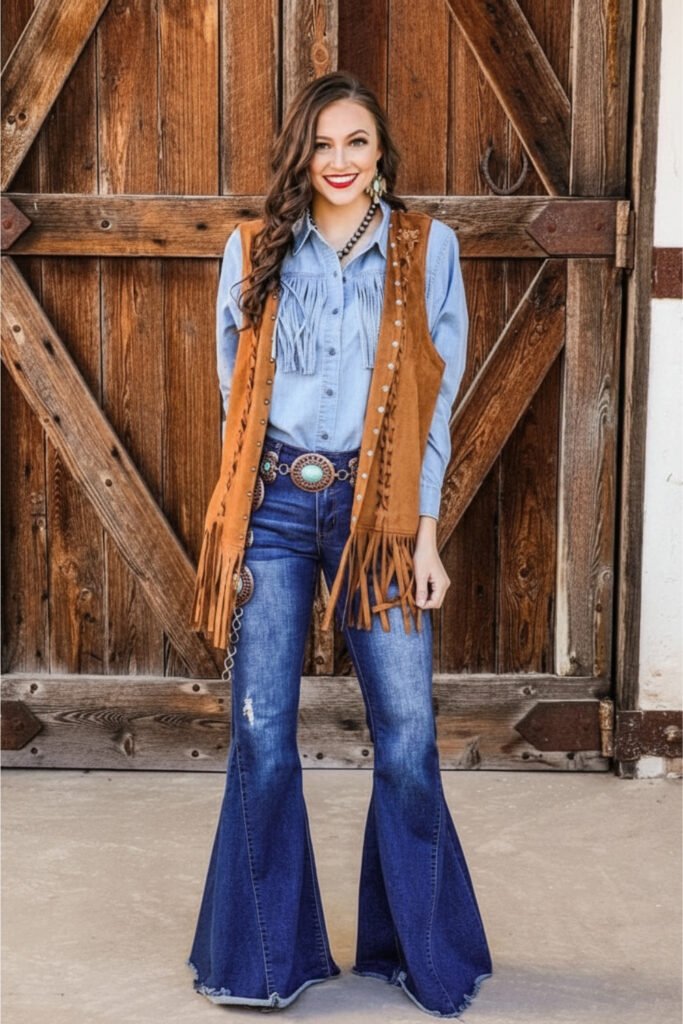 Suede Fringe Vest & High-Waisted Flared Jeans