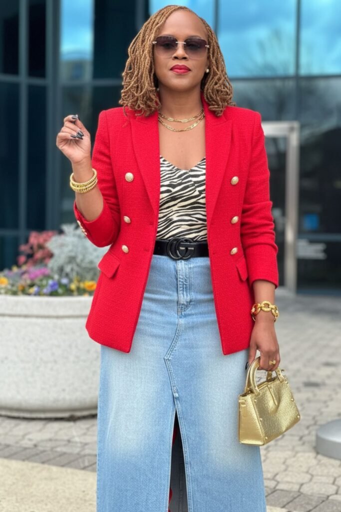 Tweed Blazer and Denim Skirt
