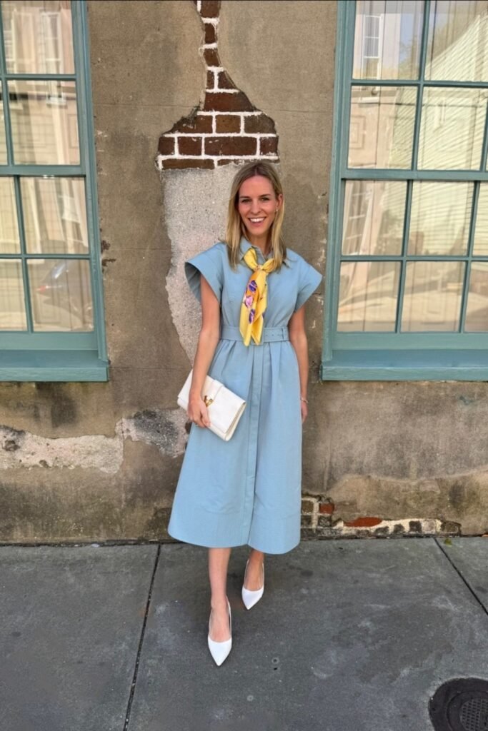 Baby Blue A-Line Dress with White Kitten Heels