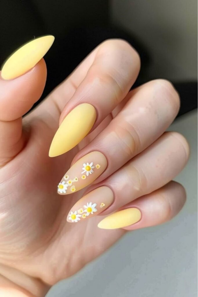 Butter Yellow Almond Nails with 3D Daisy Charms