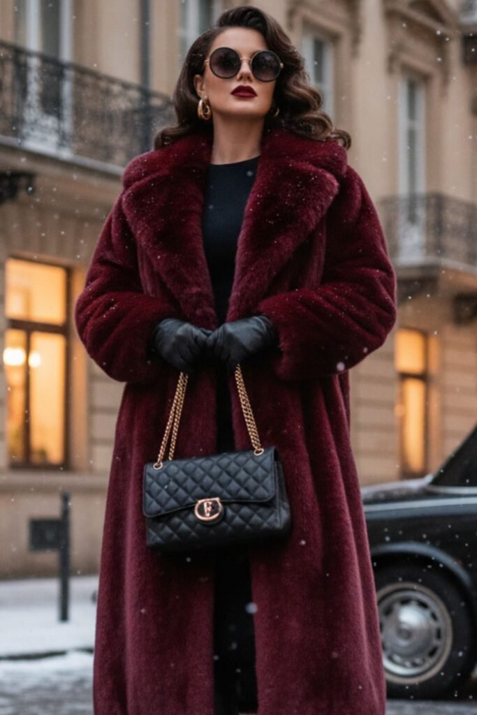 Woman in a burgundy faux fur coat with sunglasses and a quilted bag