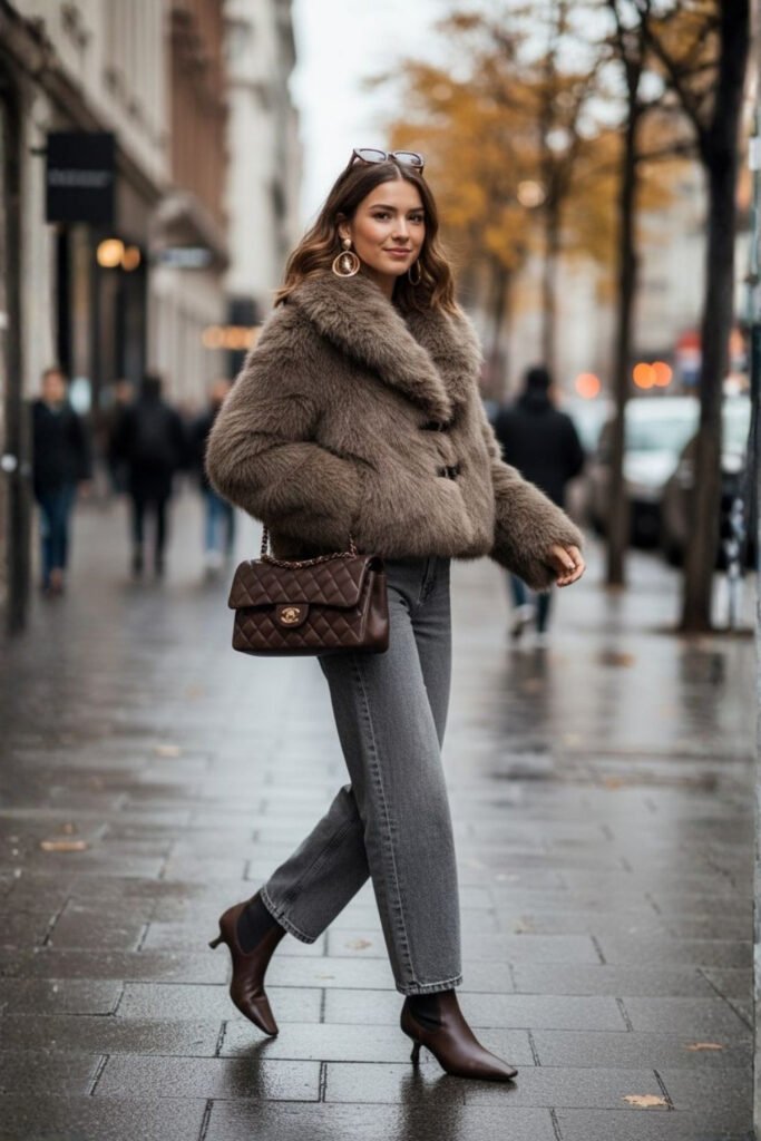 Faux Fur Coat & Straight-Leg Jeans