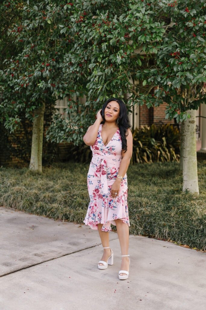 Floral Wrap Dress with Nude Heels