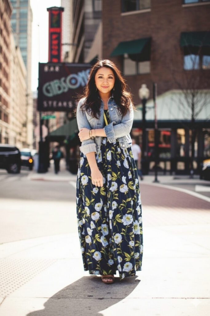 Flowy Midi Dress with Denim Jacket