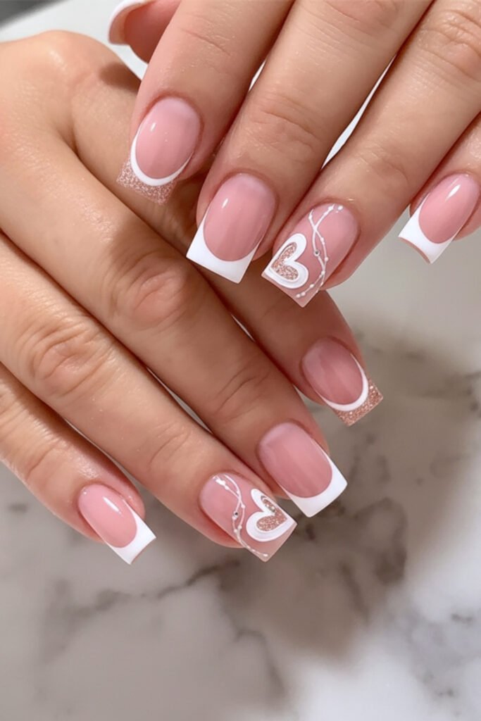 French Tip Square Nails with Heart Accents