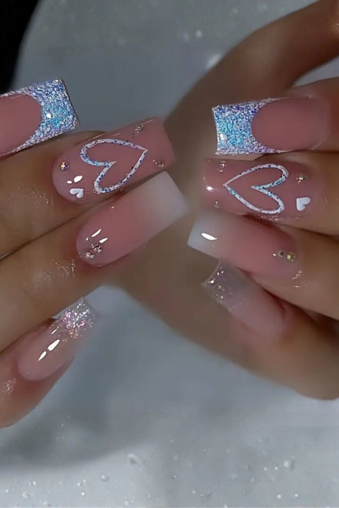 Glitter Accent Square Valentine Nails