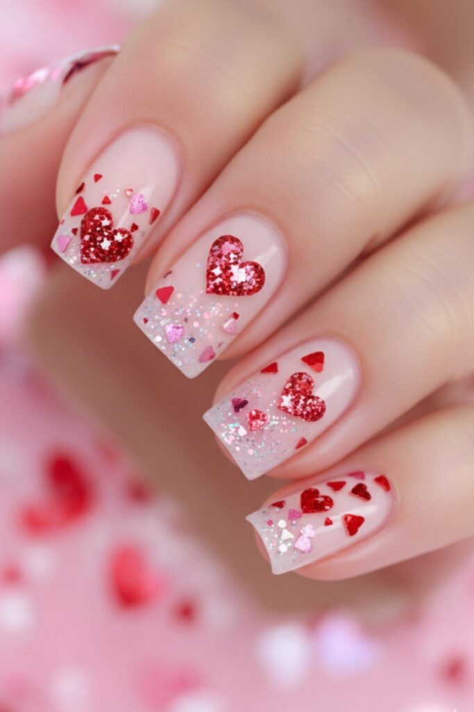 Glitter Accent Square Valentine Nails in Pink and Red