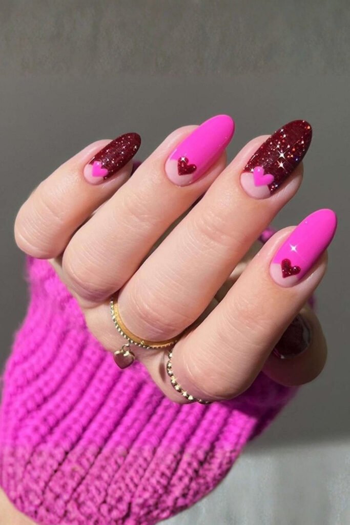 Glossy Pink Love Accent Nails