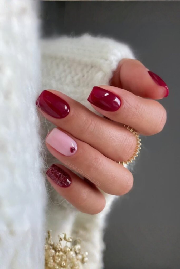 Glossy Pink and Red Square Valentine Nails