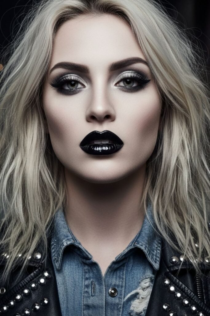 Grunge Glam with Glossy Black Lips