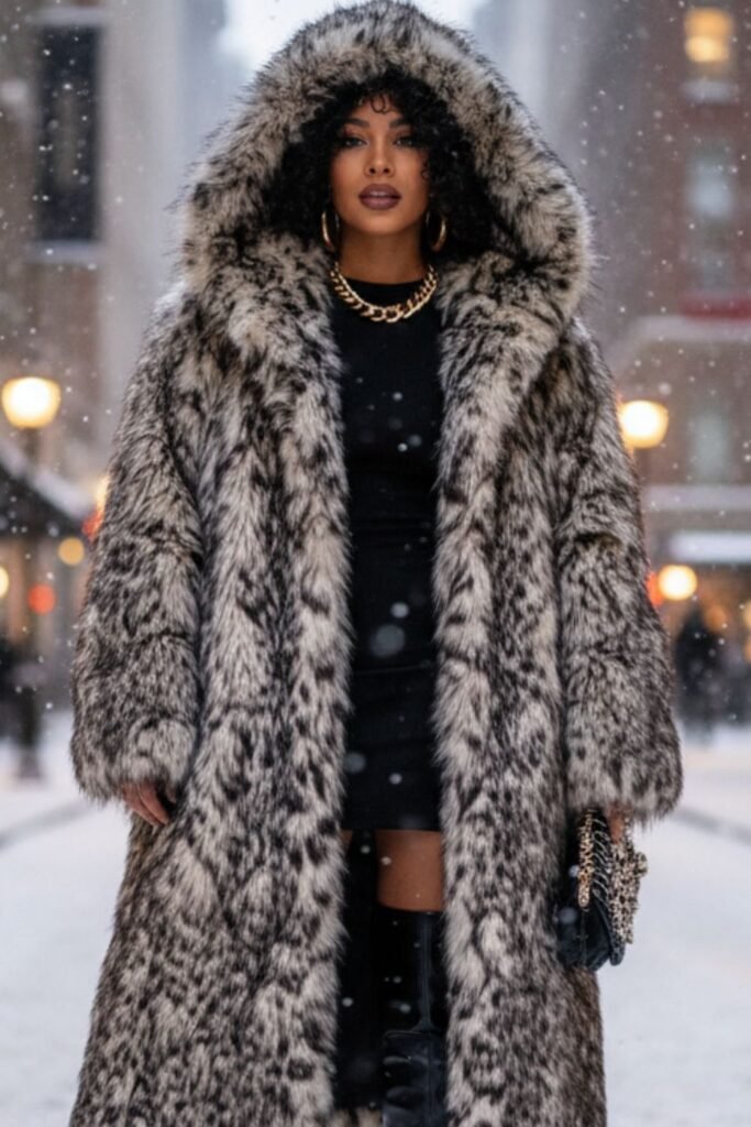 Woman in a hooded snow-leopard print faux fur coat