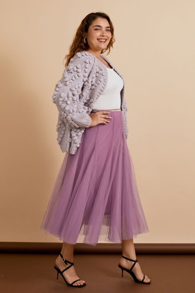 Lavender Tulle Skirt with a Knit Cardigan