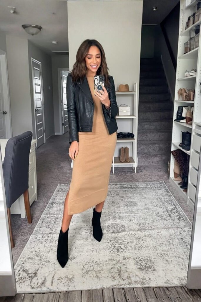 Leather Jacket & Ribbed Sweater Dress