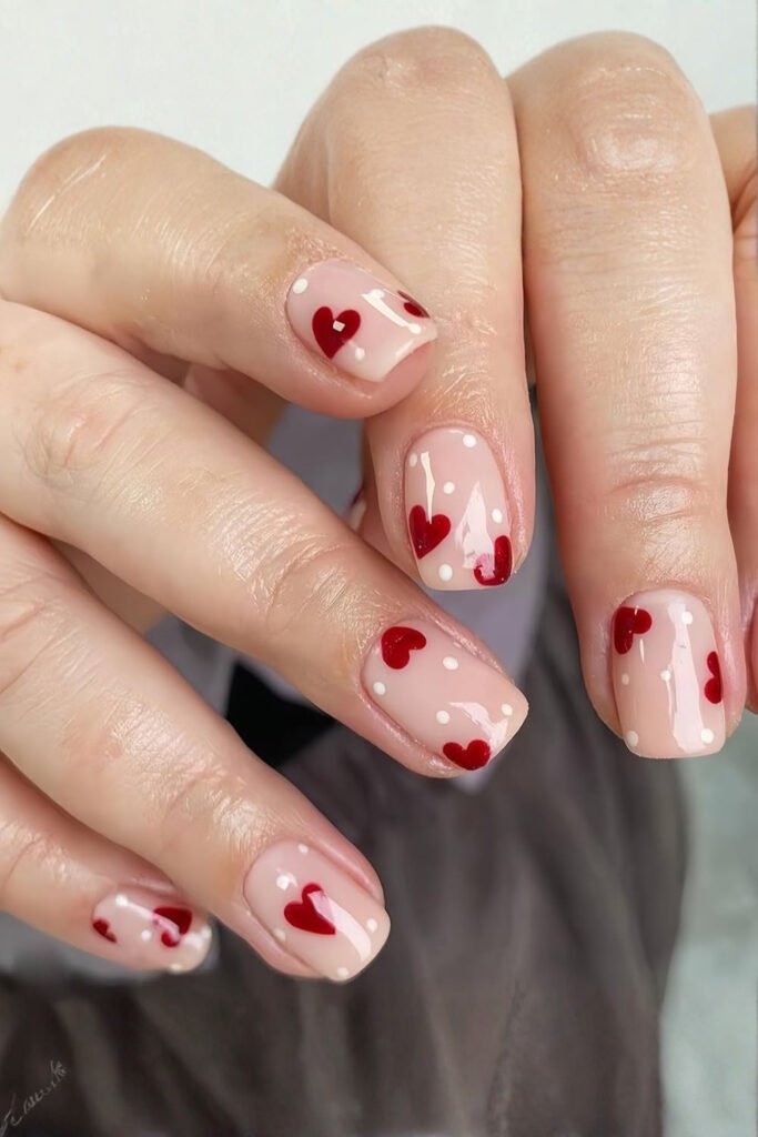 Nude French Square Nails with Red Hearts