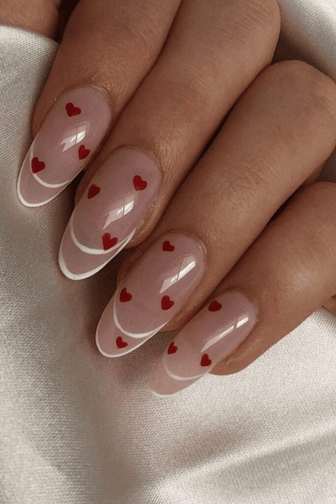 Nude Square Nails with Tiny Red Hearts