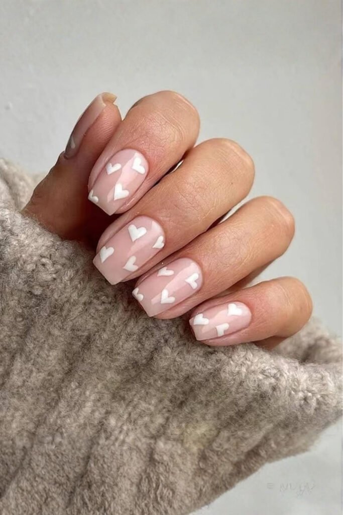 Nude Square Valentine Nails with Minimal Heart Art