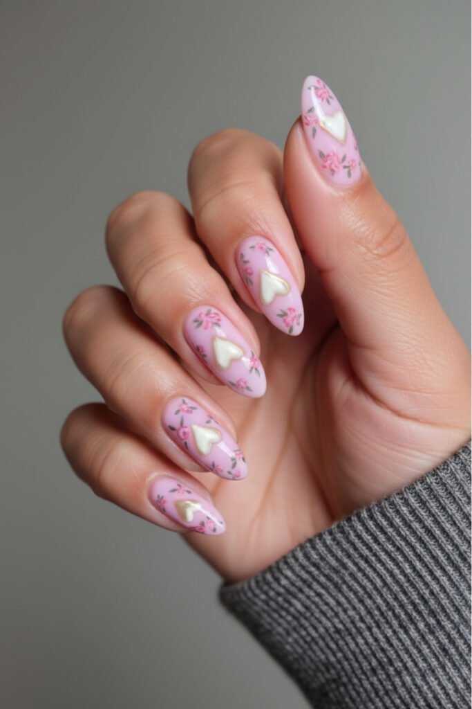 Pink Nails with Heart Design Mix