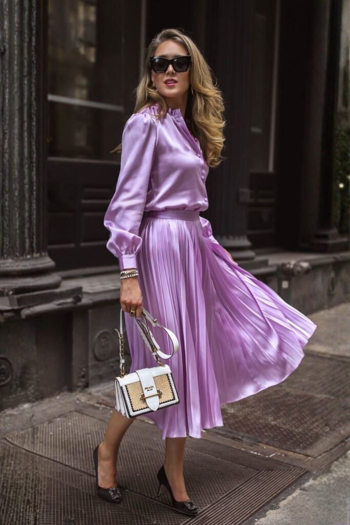 Pleated Pastel Skirt with a Satin Blouse