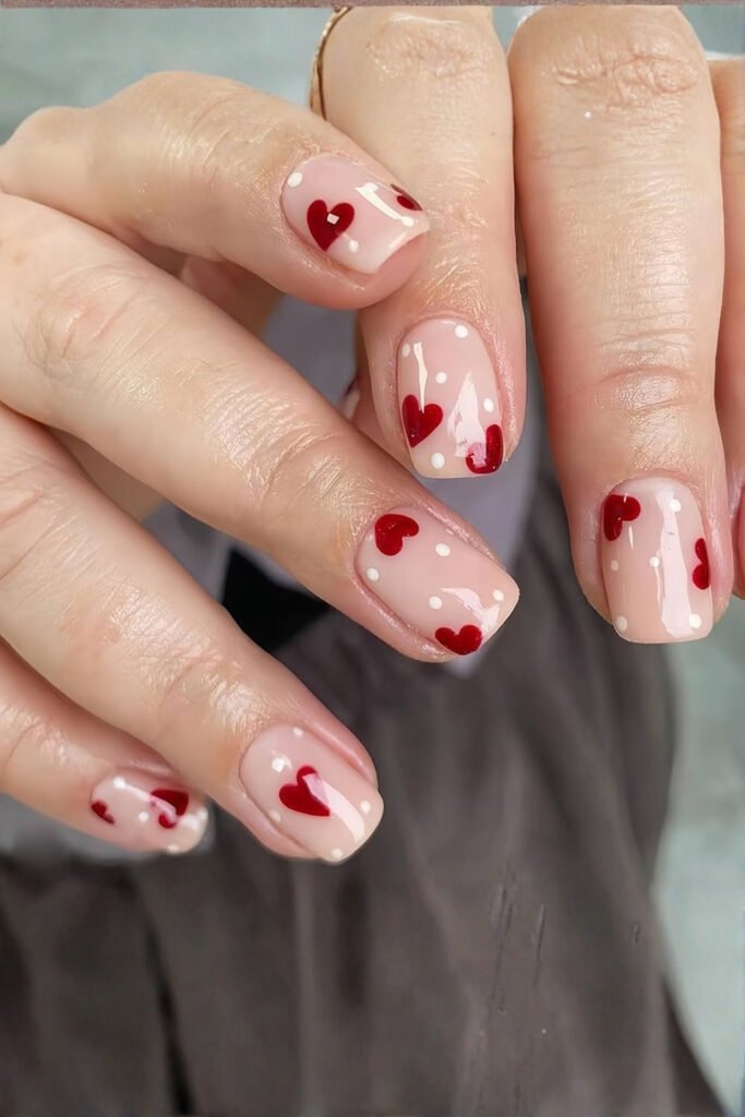 Red and Nude Square Valentine Nails with Heart Details