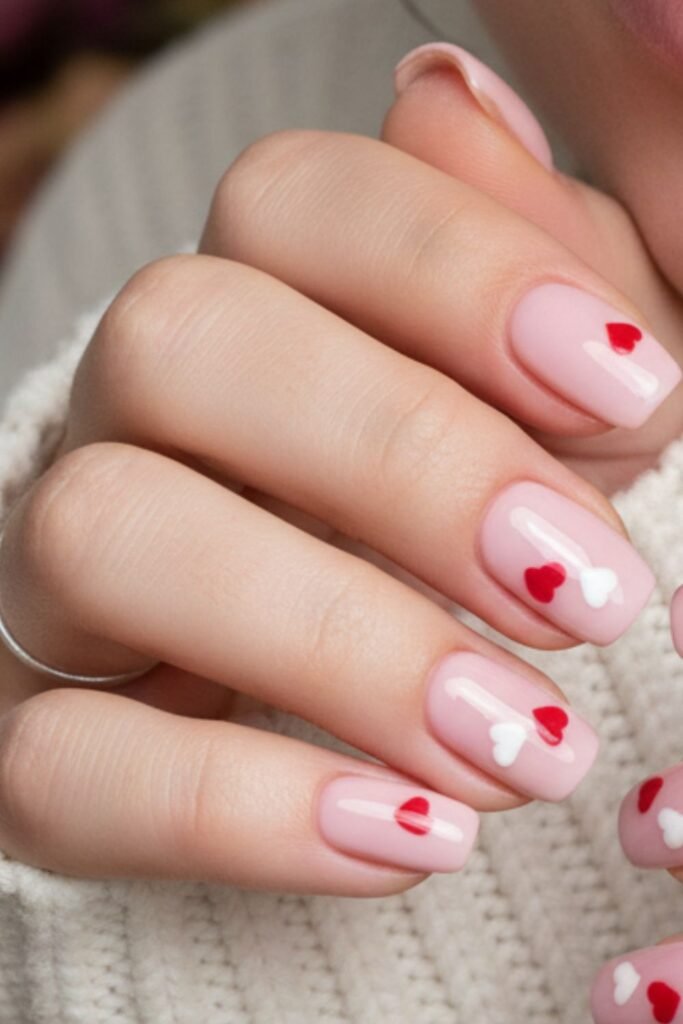 Soft Pink Acrylic Short Nails With Hearts