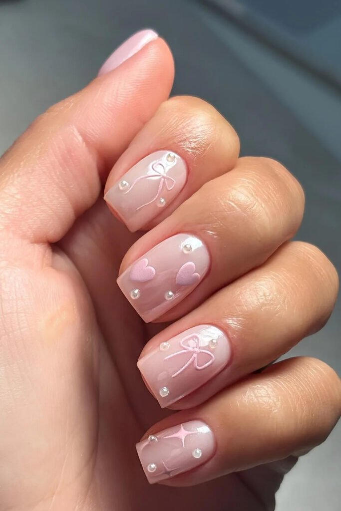 Soft Pink Square Nails with Delicate Hearts