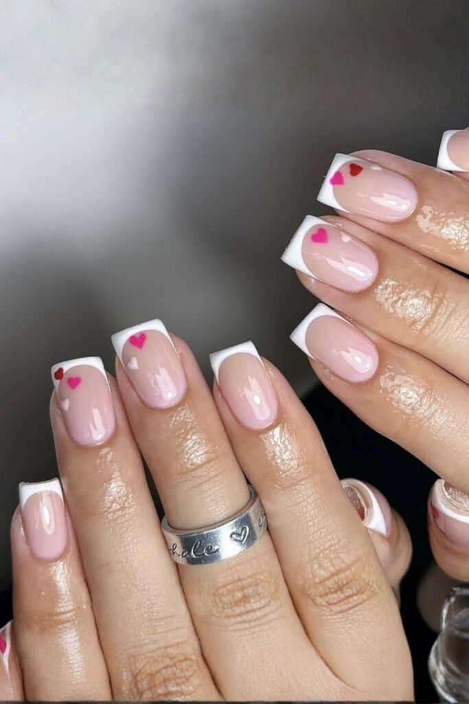 White French Square Valentine Nails with Pink Hearts