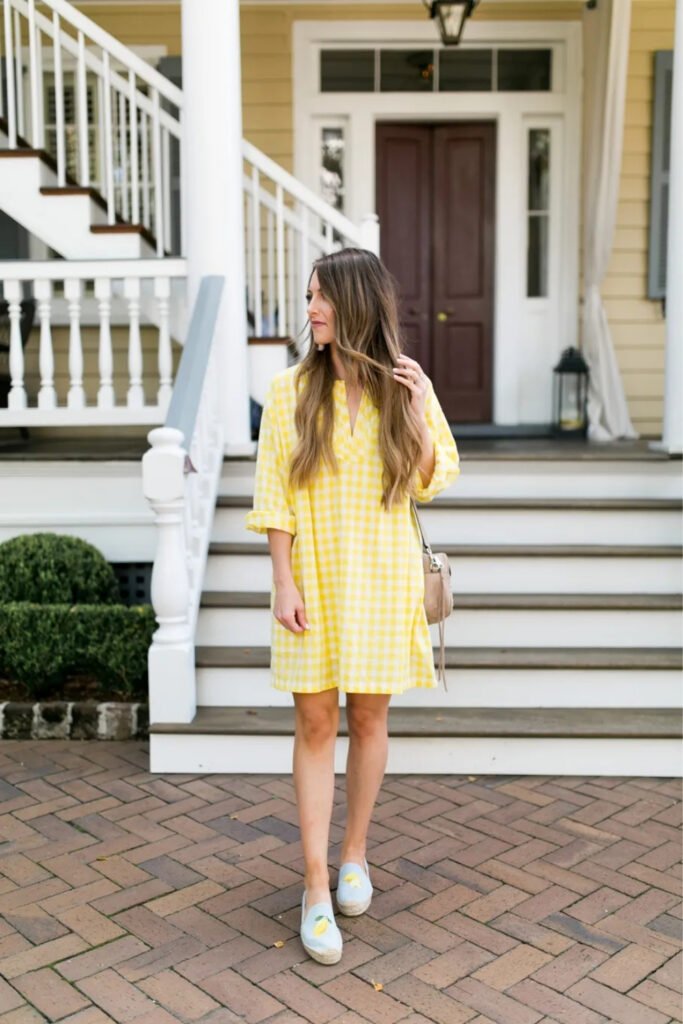 Yellow Gingham Sundress with White Sneakers