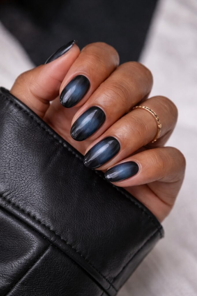 Dark almond nails with a lighter aura centre