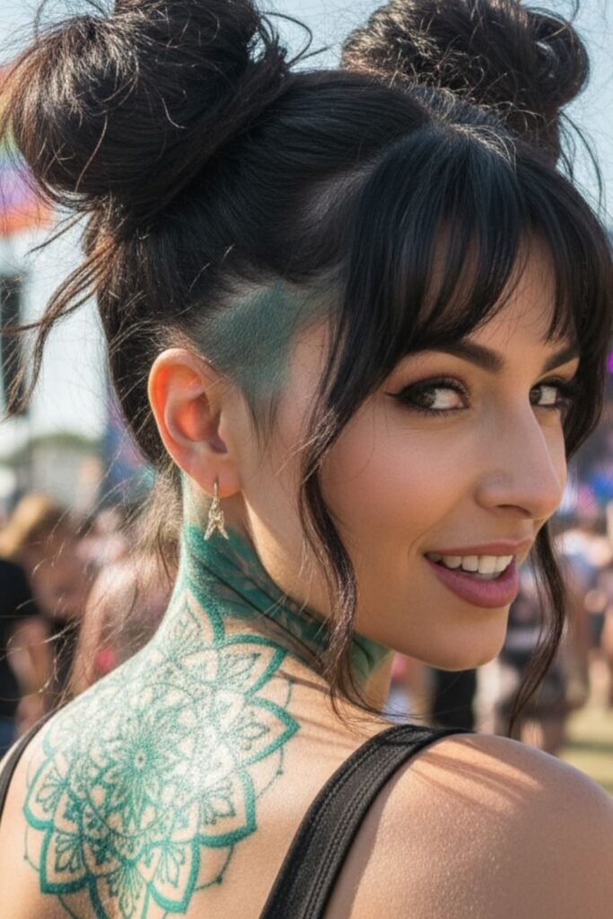 Double Buns With Shaved Back Of Head