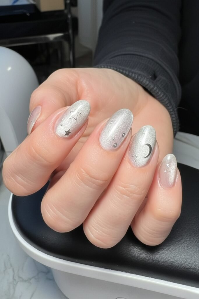 Neutral almond nails with a silver cat-eye finish
