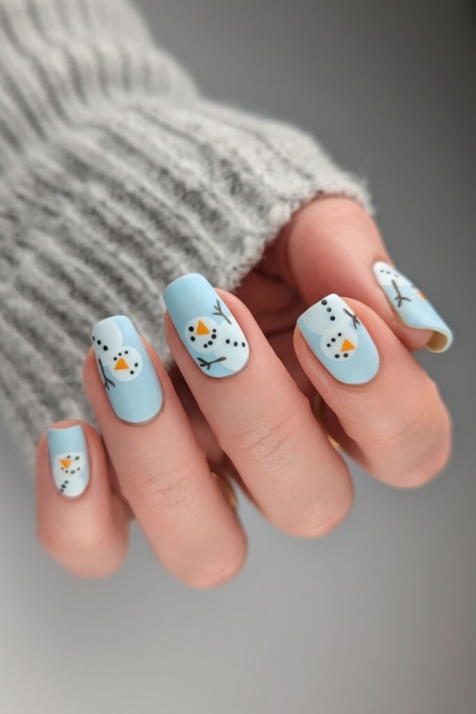 Icy blue almond nails with snowflake designs and a grey knit sleeve