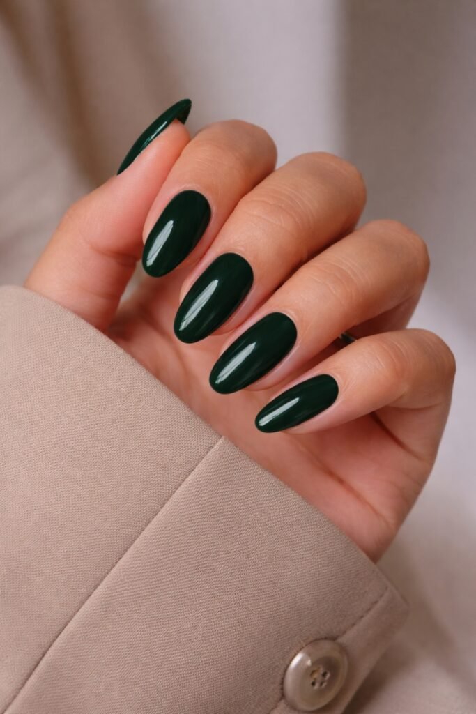 Glossy forest green almond nails