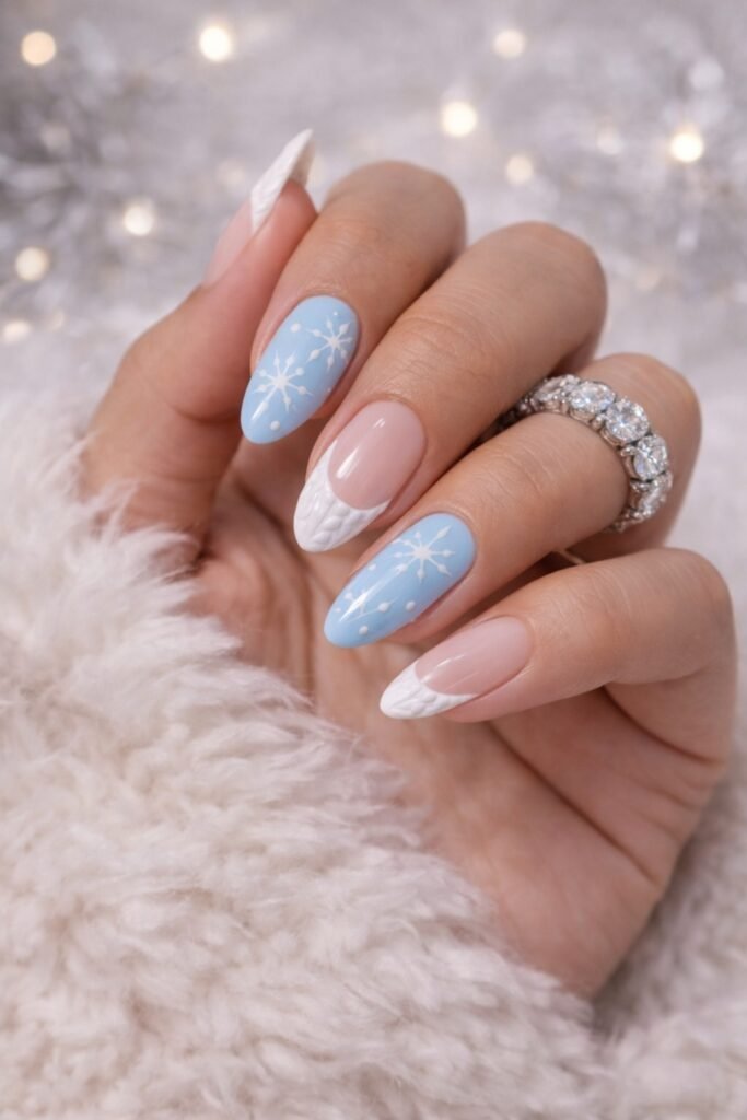 Almond nails with pale blue sweater-texture French tips