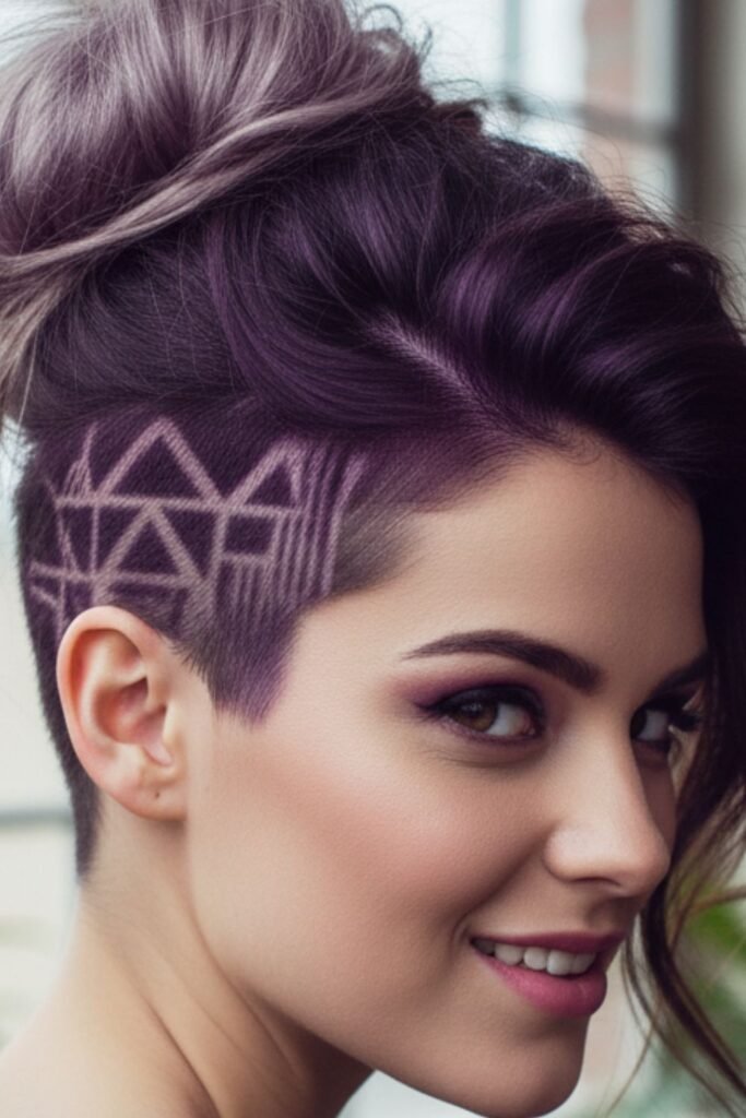 Violet Chevron Undercut With Messy Bun