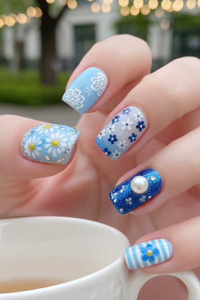 Blue Flower Nail Art