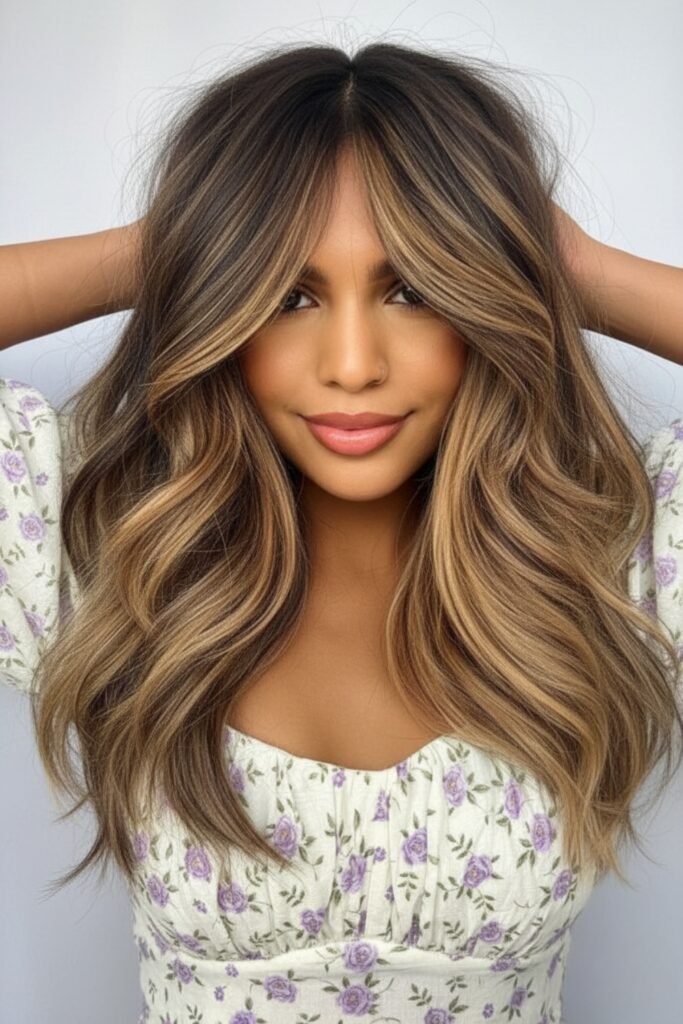 Woman with brunette hair and golden blonde face-framing highlights