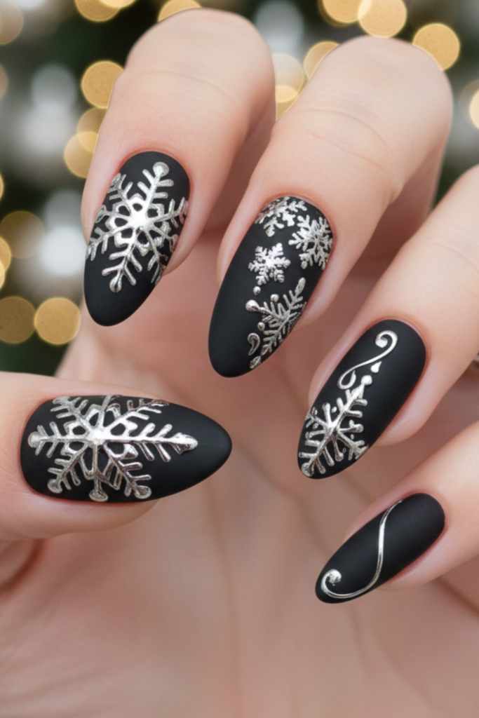 Black almond nails with silver chrome snowflakes